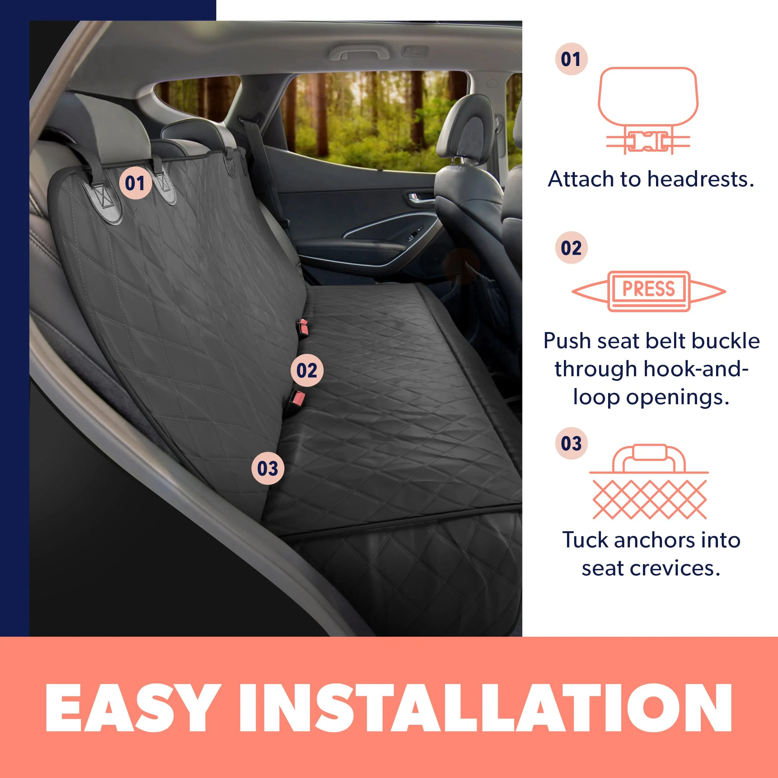 Active Pets Dog Car Seat Cover for Back Seat. Protector Hammock - Waterproof Pet Trucks, Sedans & SUVs Use with Chom Roller Hair Remover. Black