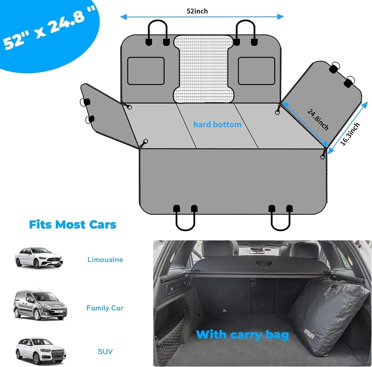 Back Seat Extender for Dogs - Dog Car Seat Cover with Hard Bottom Dog Car Seat Bed Waterproof Dog Hammock for Car Pet Backseat Protector with Mesh Window and Storage Pocket for Car, SUV