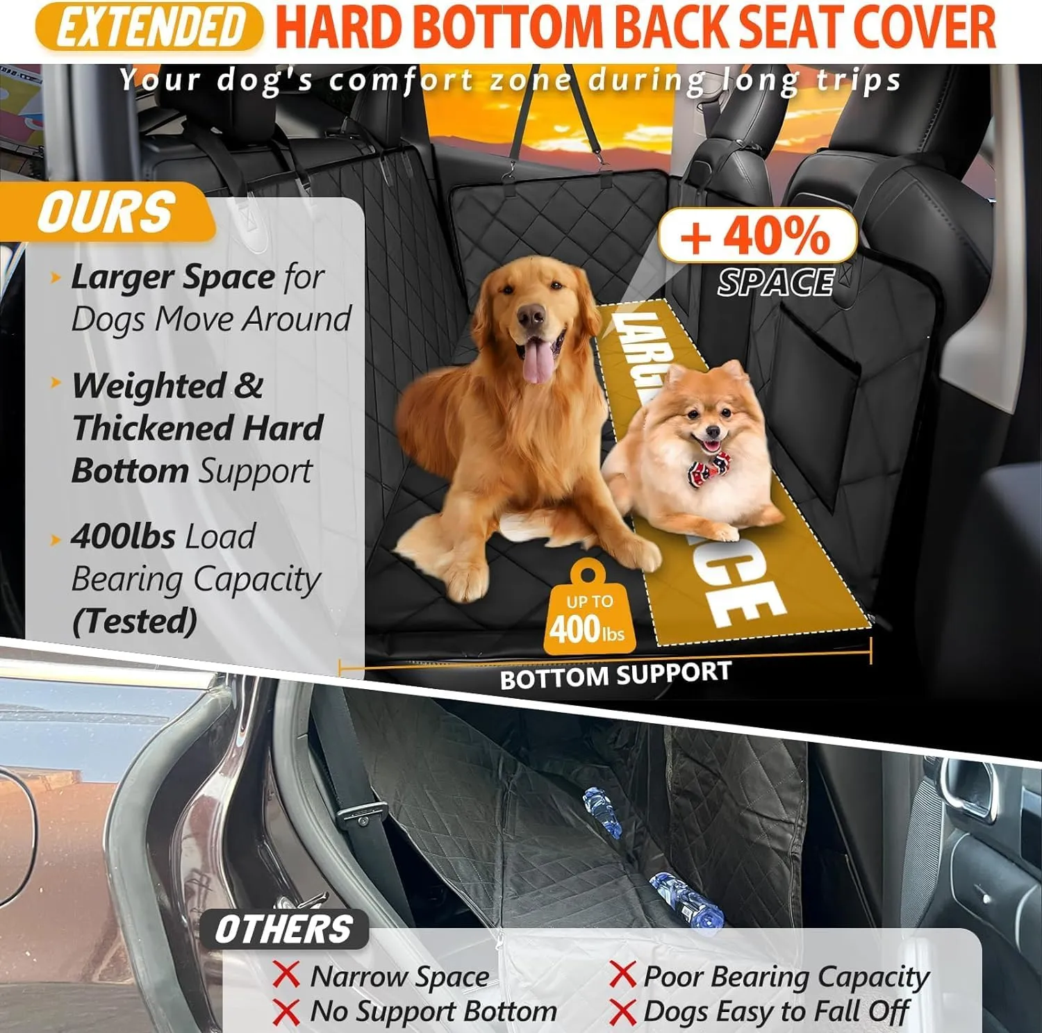 Back Seat Extender for Dogs - Dog Car Seat Cover with Hard Bottom Dog Car Seat Bed Waterproof Dog Hammock for Car Pet Backseat Protector with Mesh Window and Storage Pocket for Car, SUV