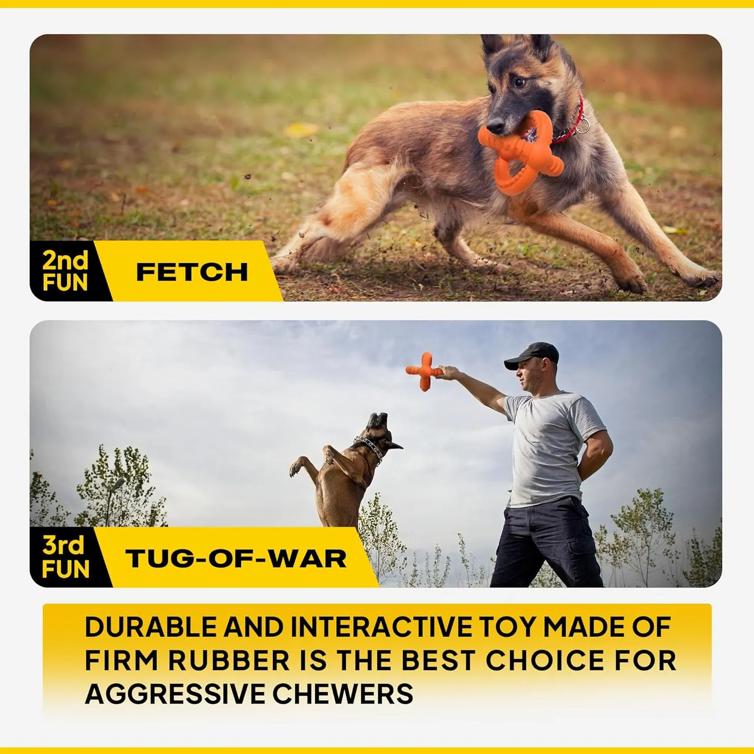 Dog Chew Toys for Aggressive Chewers, 3-In-1 Indestructible Interactive Dog Toys, Unique Detachable Natural Rubber Dog Balls Tug &Fetch Toys for Large Dogs & Medium Dogs(Orange, L)