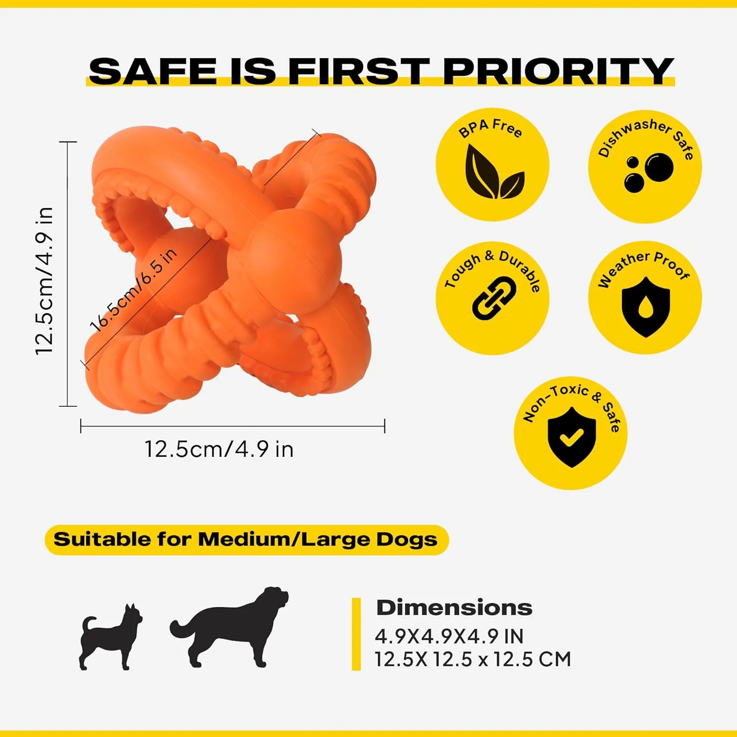 Dog Chew Toys for Aggressive Chewers, 3-In-1 Indestructible Interactive Dog Toys, Unique Detachable Natural Rubber Dog Balls Tug &Fetch Toys for Large Dogs & Medium Dogs(Orange, L)