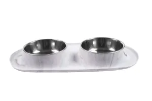 Double Silicone Dog Feeder with Stainless Bowls, Large, 3 Cups Per Bowl, Marble Design