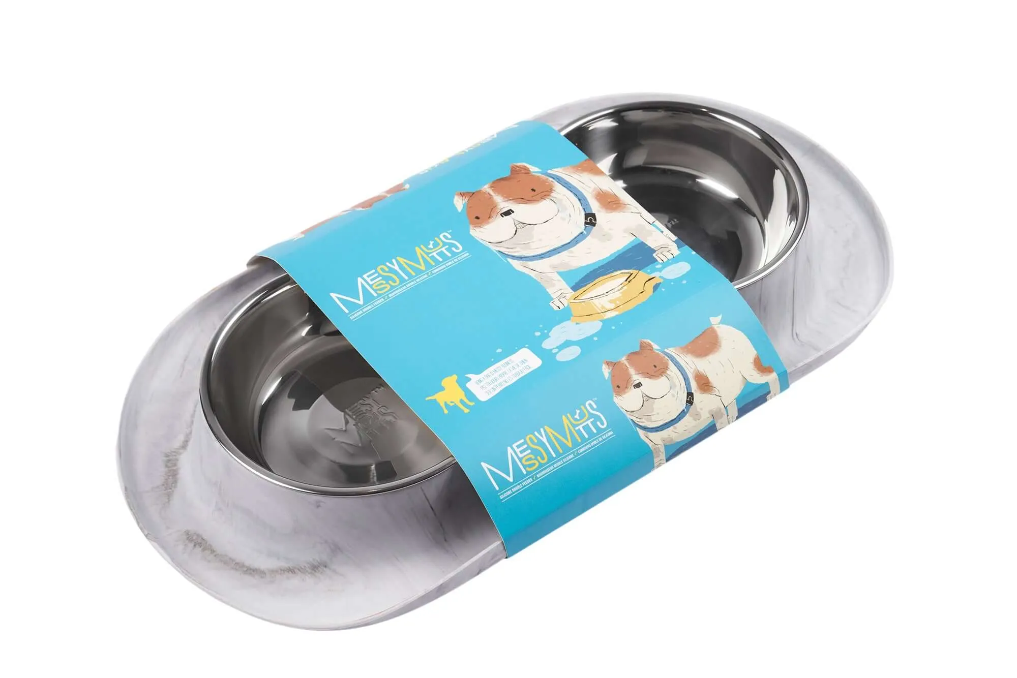 Double Silicone Dog Feeder with Stainless Bowls, Large, 3 Cups Per Bowl, Marble Design