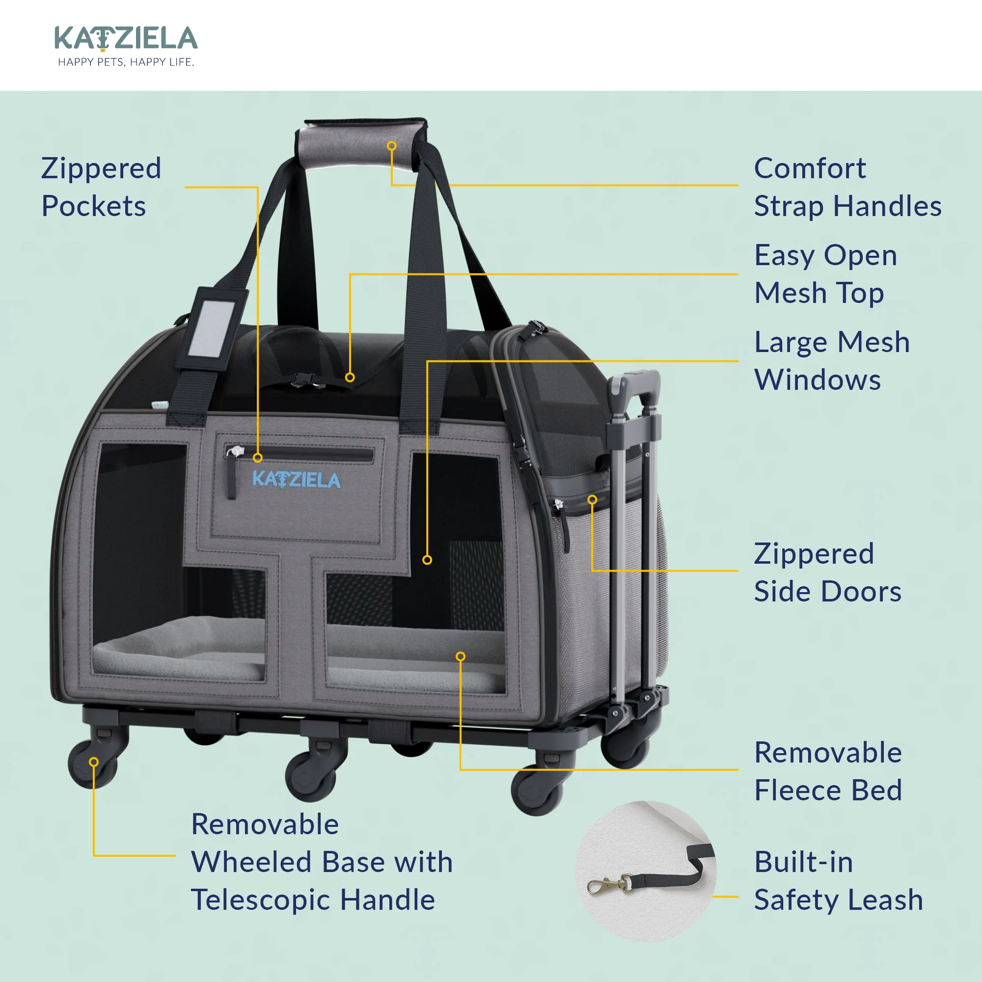Katziela - Luxury Lorry PRO Pet Carrier with Removable Wheels Gray