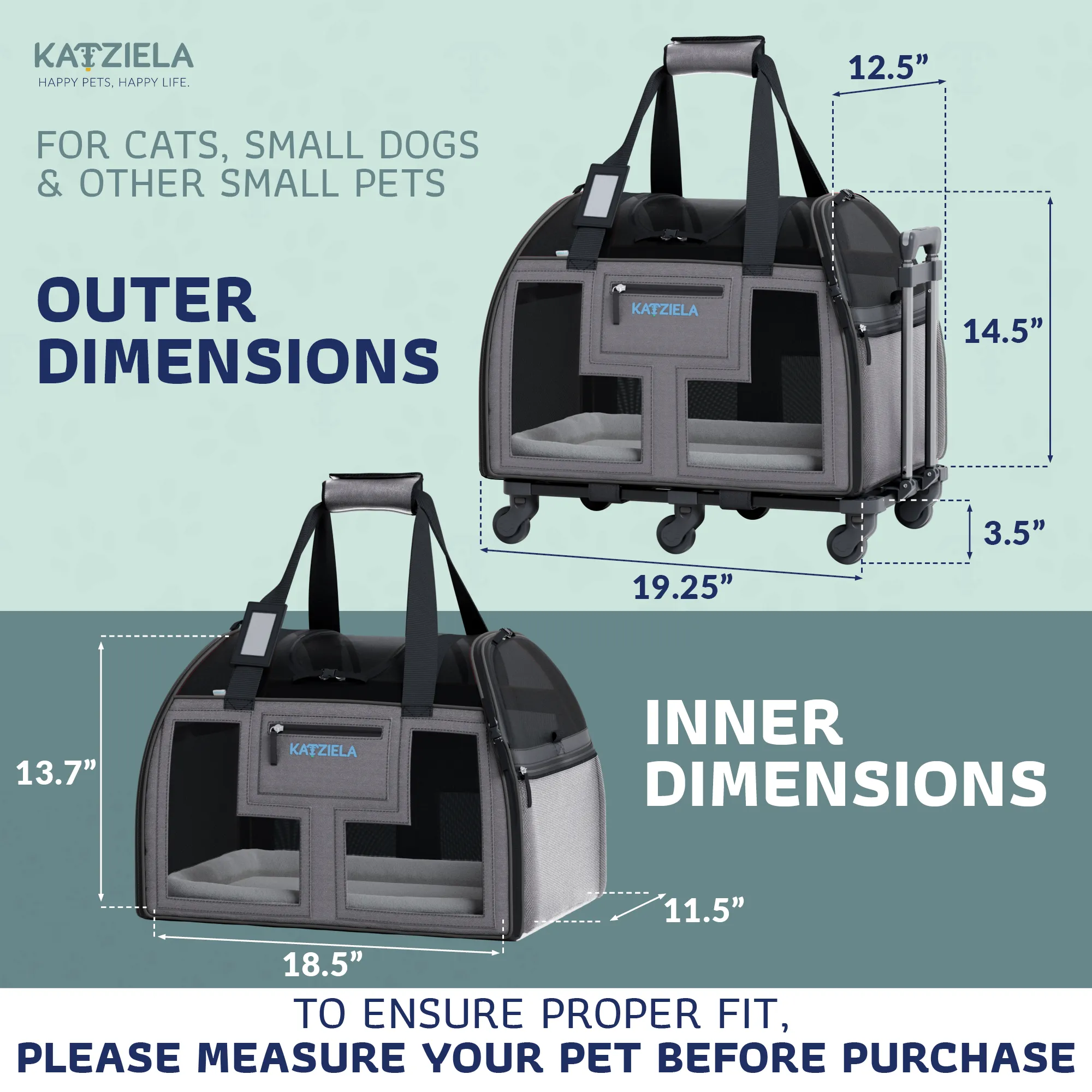 Katziela - Luxury Lorry PRO Pet Carrier with Removable Wheels Gray