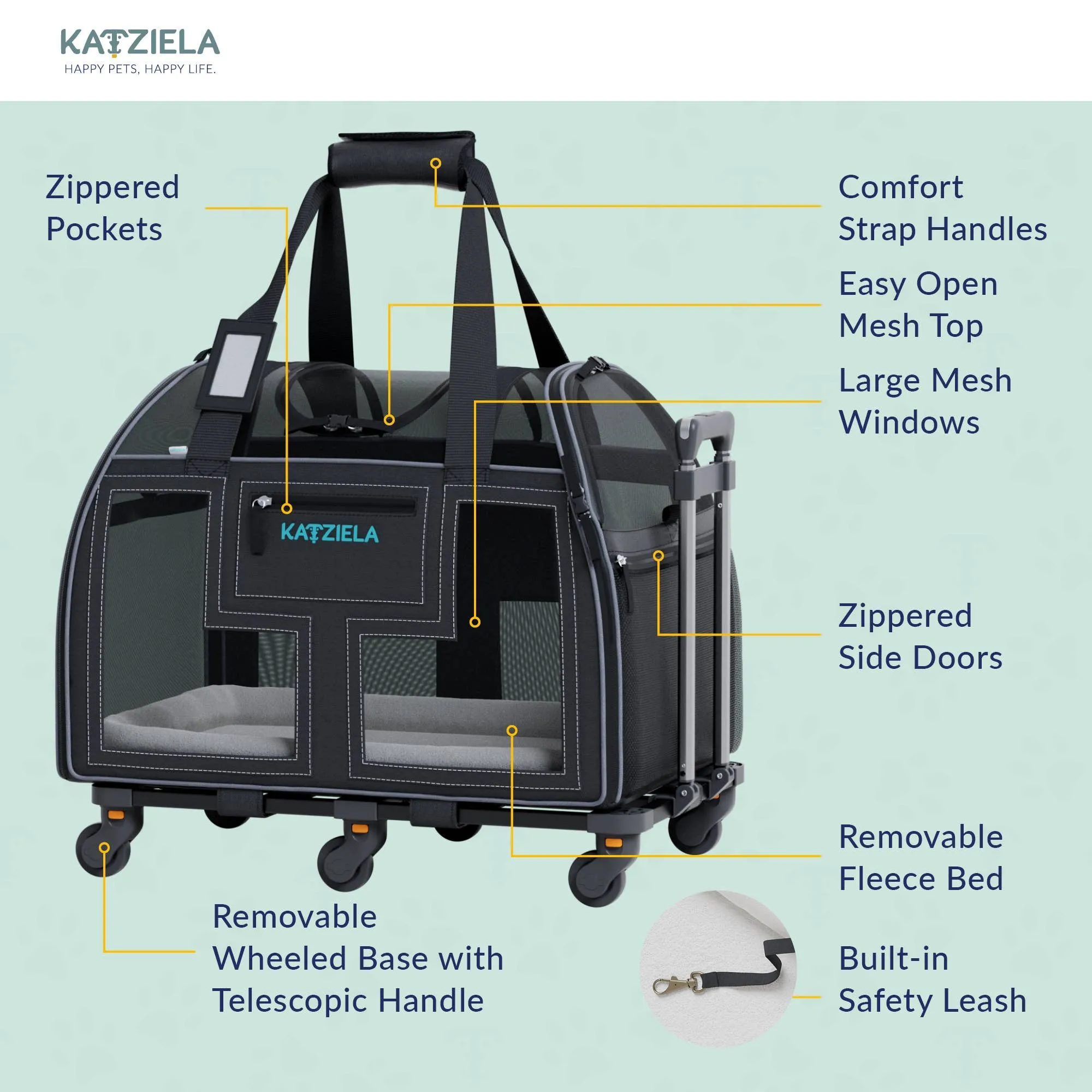 Katziela - Luxury Lorry PRO Pet Carrier with Removable Wheels Gray