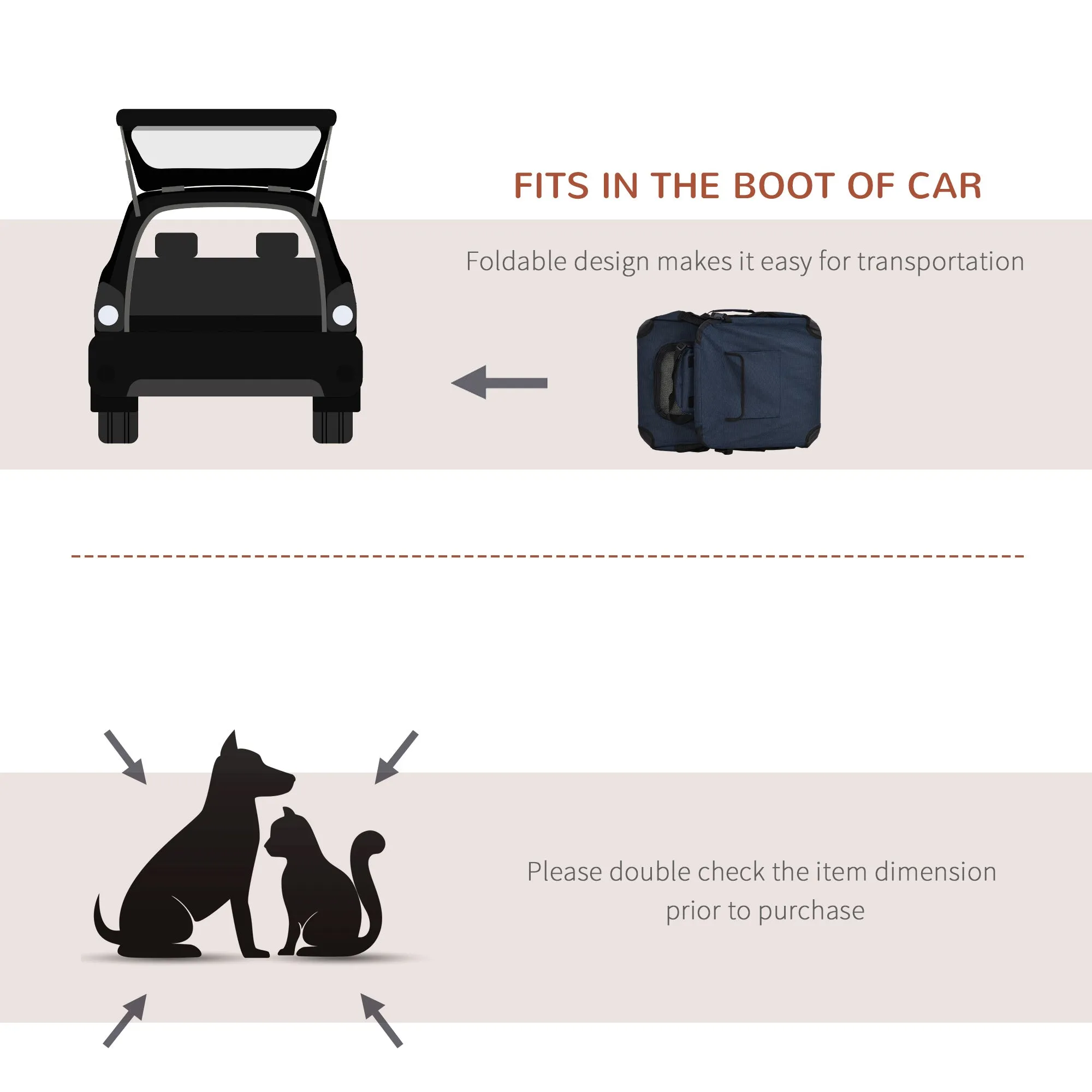 Portable Pet Carrier Folding Crate with Cushion, 60L x 41.5W x 41H cm - Dark Blue