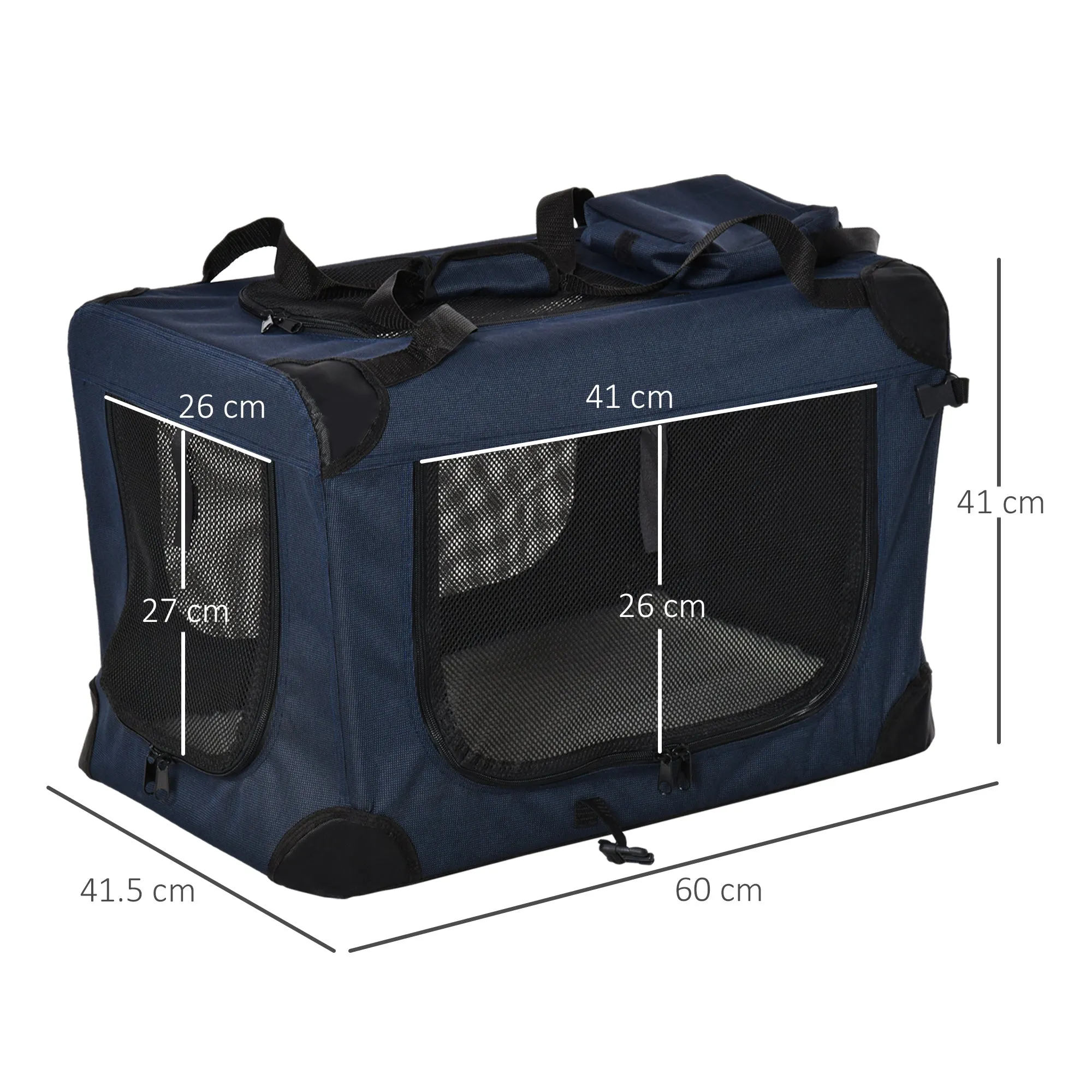Portable Pet Carrier Folding Crate with Cushion, 60L x 41.5W x 41H cm - Dark Blue