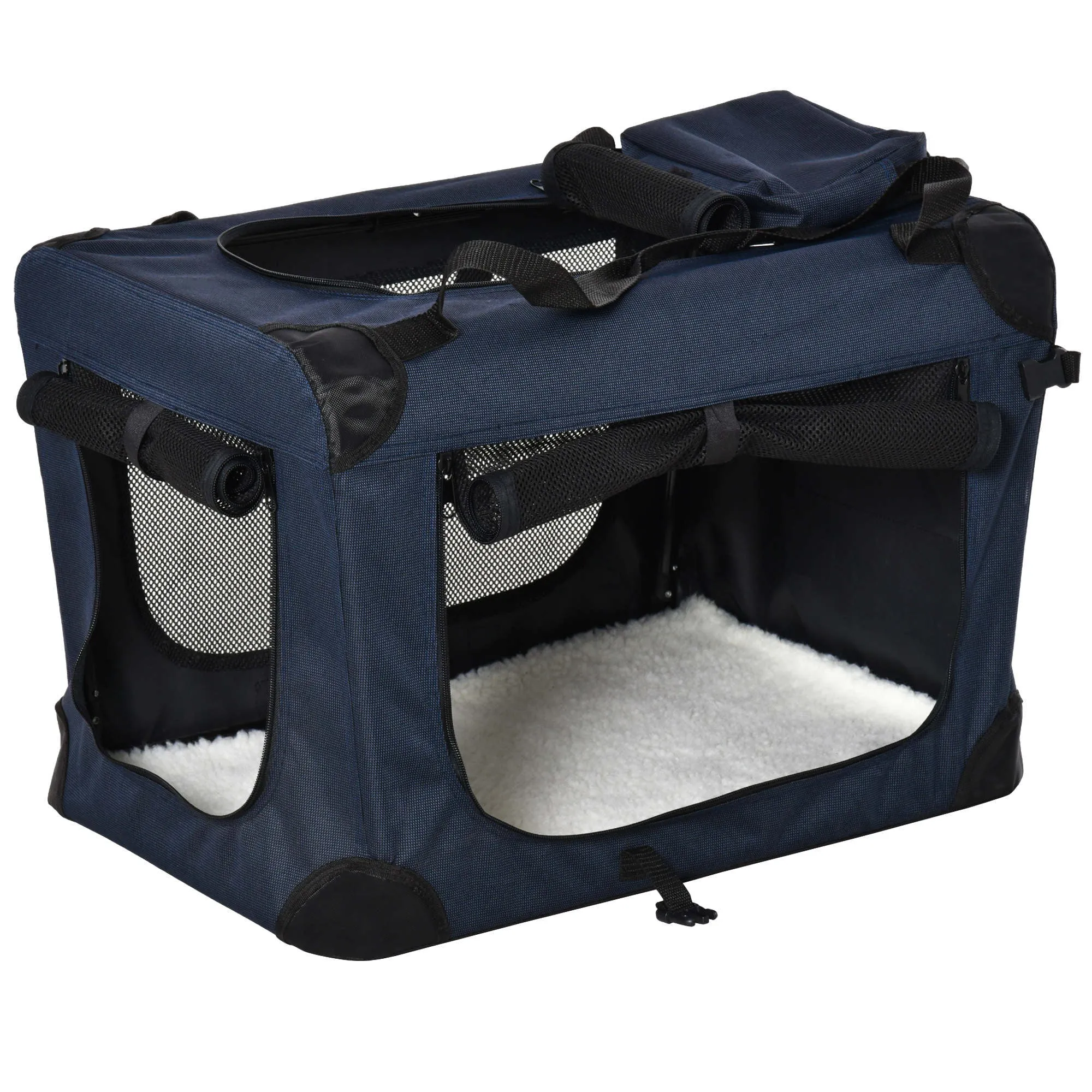 Portable Pet Carrier Folding Crate with Cushion, 60L x 41.5W x 41H cm - Dark Blue